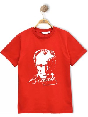 Alme ATATÜRK BASKILI ÇOCUK TİŞÖRT KIRMIZI %100 Pamuk (Bir Beden Büyük Önerilir )