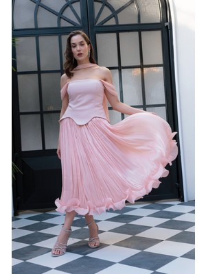 Lafaba Kadın Pudra Şal Yaka Etek Ucu Volanlı Midi Söz Nişan Nikah Abiye