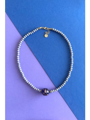 Merse Atelier Açık Gri Cam Kristal Boncuklu Hint Cam Boncuk Detaylı Kolye I No:05