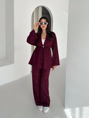 Elaxi Kadın Simli Uzun Kol Modal Kumaş Kimono Pantolon Ikili Takım – Şık ve Rahat Kadın Takım
