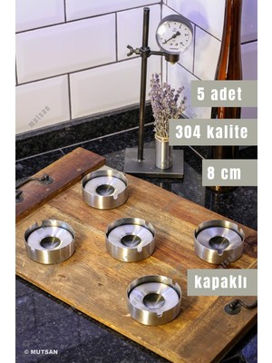 Mutsan 5'li Paslanmaz Çelik Kapaklı Küllük Seti | 8 cm 304 Kalite Kültablası | Restoran, Kafe ve Otel