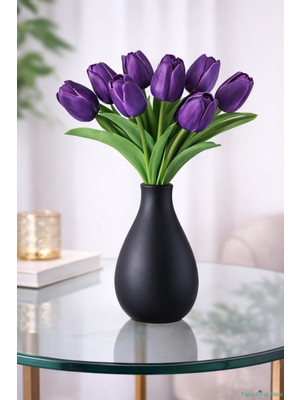 Yapay Çiçek Sitesi Yapay Gerçek Görünümlü 8li Islak Lale Demeti Mor