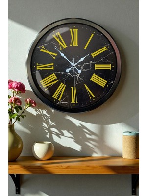 MegaSepet Mey Ithalat® Siyah Mermer Desenli 52 cm Metal Duvar Saati