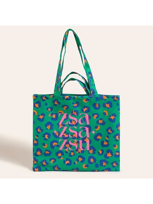 Zsa Zsa Zsu Marmara Dijital Baskılı Pamuk Omuz Çantası 40X40 cm Yeşil