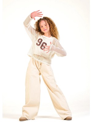 Queen Kids 8658 Kız Çocuk Örme File 96 Yazılı  Bluz Ekru