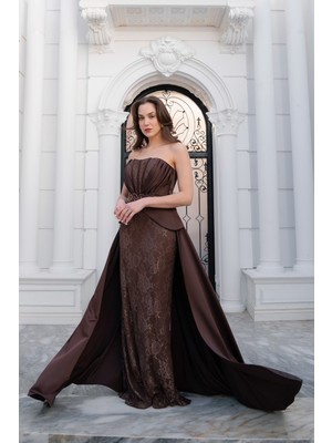 Lafaba Kadın Kahverengi Straplez Yaka Dantel Detay Uzun Abiye Elbise