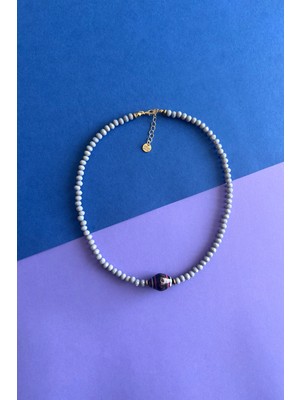 Merse Atelier Açık Gri Cam Kristal Boncuklu Hint Cam Boncuk Detaylı Kolye I No:01