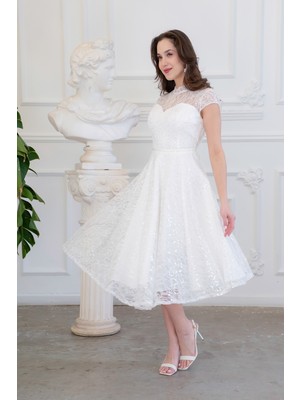 Lafaba Kadın Beyaz Kısa Kollu Payetli Midi Kloş Söz Nişan Nikah Abiye Elbise