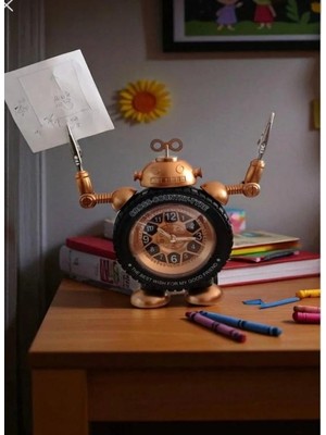 TeknoBeyza Dekoratif Robot Tasarımlı Masa Saati – Lastik Detaylı Retro Robot Figürlü Alarmlı Saat, Çocuk Odası ve Ofis Için Hediye