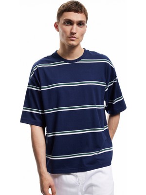 Koton Çizgili Bisiklet Yaka Kısa Kollu Tok Kumaş Pamuklu Oversize Tişört