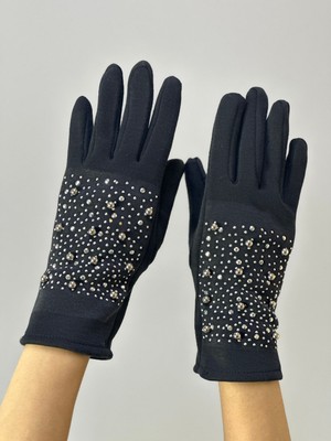 Gönülden Tasarım Siyah Taş Işleme Dokunmatik Parmak Kadın Eldiven