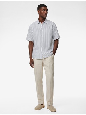 Koton Rahat Kalıp Kısa Kollu Klasik Yaka Pamuklu Çizgili Gömlek