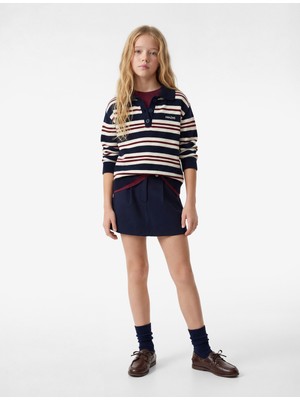 Koton Nakışlı Düğmeli Uzun Kollu Polo Yaka Çizgili Triko Kazak