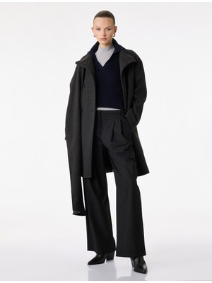 Koton Düğmeli Cepli Uzun Kollu Şal Yaka Kruvaze Kaşe Kaban