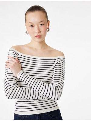 Koton Uzun Kollu Kayık Yaka Açık Omuz Çizgili Triko Kazak