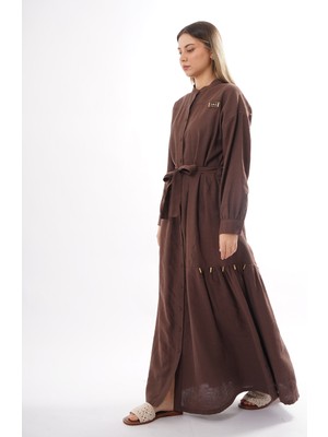 Ceremony Hakim Yaka Keten Uzun Elbise 703 Kahverengi
