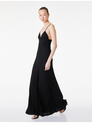 Koton Slim Fit V Yakince Askılı Uzun Taşlı Slip Elbise