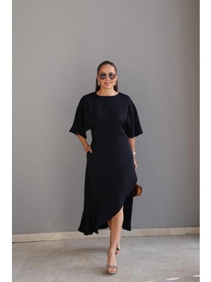 Purple By Banu Koyu Lacivert Maxi Saten Elbise