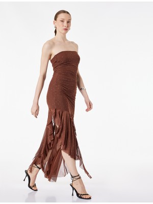 Koton Straplez Yaka Taşlı Asimetrik Kolsuz Drapeli Volanlı Midi Tül Abiye Elbise