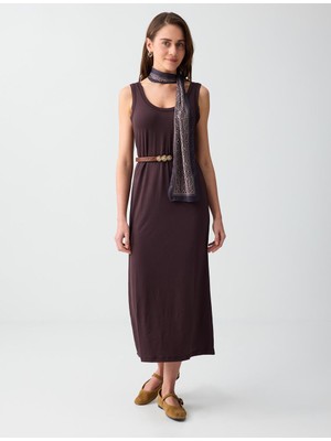 Jimmy Key Acı Kahve Düz Kesim Askılı U Yaka Örme Midi Elbise