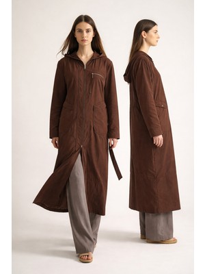 Ceremony Kapüşonlu Yuvarlak Torba Cepli Fermuarlı Safari Kap 813 Kahverengi