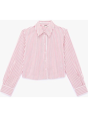 Koton Uzun Kollu Çizgili Oversize Poplin Crop Gömlek
