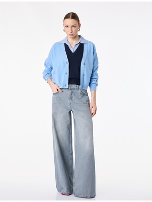 Koton Düz Paça Yüksek Bel Cepli Bol Kalıp Denim Pantolon - Loose Straight Fit Jean