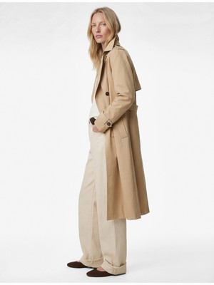 Koton Uzun Kollu Düğmeli Cepli Kemerli Kruvaze Gabardin Trençkot