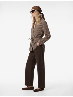 Koton Viskon Uzun Kollu Beli Bağcıklı Kemerli Çizgili Gömlek