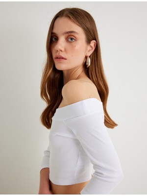 Koton Omzu Açık Crop Tişört Dirsek Boy Kol Pamuklu Slim Fit