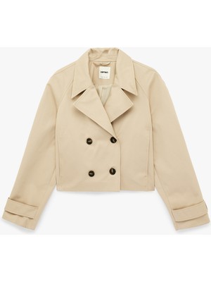 Koton Pamuklu Uzun Kollu Düğmeli Cepli Kruvaze Kısa Gabardin Trençkot