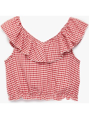 Koton Fırfırlı Kolsuz Düşük Omuz Ekoseli Crop Bluz