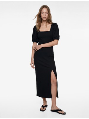 Koton Balon Kol Kare Yaka Slim Fit Bürümcük Bodycon Midi Elbise