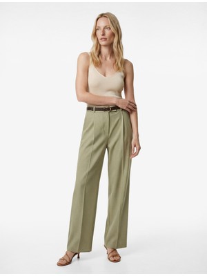 Koton Yüksek Bel Kemerli Pileli Viskon Karışımlı Geniş Paça Pantolon