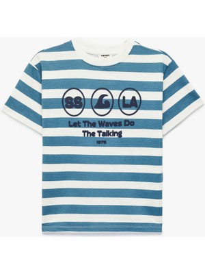 Koton Pamuklu Baskılı Kısa Kollu Bisiklet Yaka Oversize Çizgili Tişört