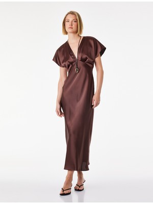 Koton V Yaka Kısa Kollu Rahat Kalıp Midi Saten Abiye Elbise