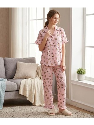 Noches Kadın Kısa Kol Boydan Düğmeli Ince Bürümcük Pijama Takım