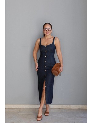 Purple By Banu Lacivert Düğme Detay Jean Elbise