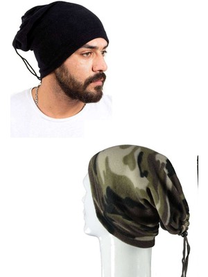 Ne Verelim Size 2 Adet Polar Ipli Bere ve Boyunluk Siyah Kamuflaj