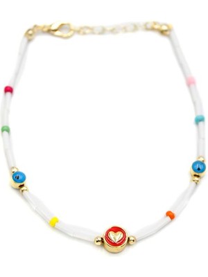 Esranın Dünyası Boncuklu Kalp  Halhal - Kırmızı