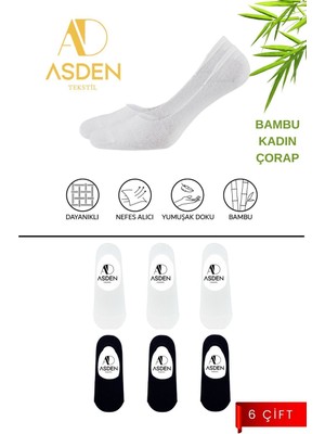 Asden Bambu Kadın Babet Çorap 3 Siyah 3 Beyaz 6\\\'lı Paket, Dikişsiz, Kaydırmaz Silikonlu Topuk