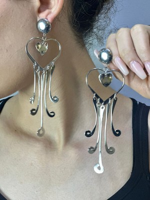 Gönülden Tasarım Çelik Notalı Kalpli Kadın Küpe 13 cm