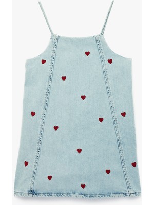 Koton Denim Jile Elbise 3 - 4 Yaş Kız Çocuklar İçin Kare Yaka ve Kalp Deseniyle Şık Stil