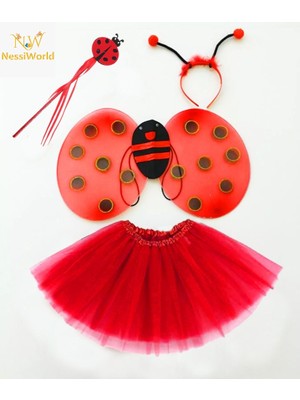 Gray Line Gry Kırmızı Uğur Böceği Ateş Böceği Kostüm Seti - (Tütü, Kanat, Taç, Asa) Nel1