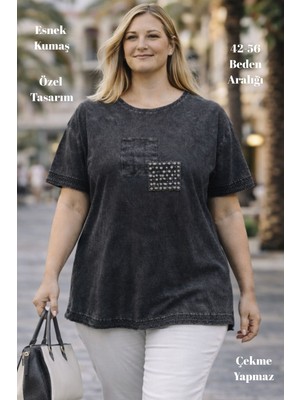 XCEDY Cedy - Kadın Özel Tasarım Esnek, Pul Payet, Dantel Detaylı Yıkamalı Büyük Beden Tişört