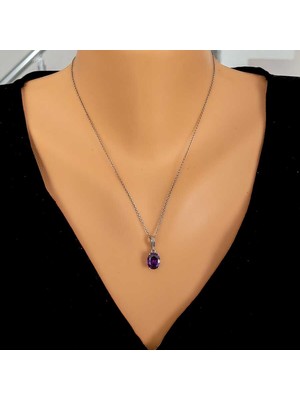 Nusret Takı 925 Ayar Gümüş Oval Büyük Boy Ametist Taşlı Kolye