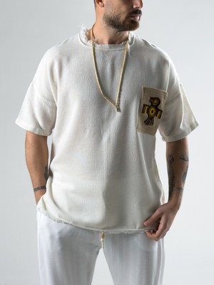 Cocopelli Desenli Cep Detaylı Bej Bohem T-Shirt COC2981