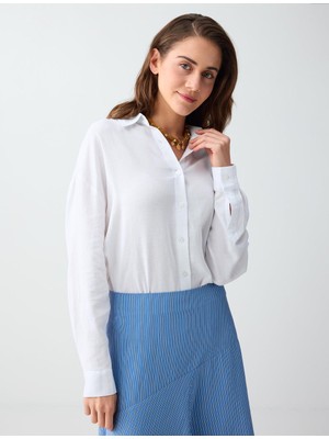 Jimmy Key Beyaz Düz Kesim Uzun Kollu Keten Karışımlı Dokuma Gömlek