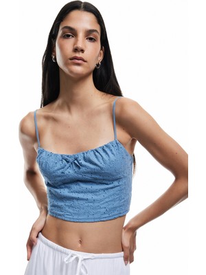 Koton Pamuklu Fiyonklu Ip Askılı Fisto Crop Kolsuz Bluz