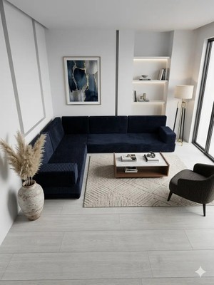 Bakırözü Home Premium Kadife Kumaş, Konforlu Yer Kanepesi ,modüler Şark Köşesi Takımı - Lacivert- L Set